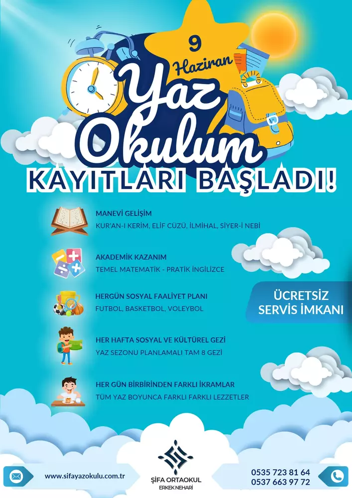 Şifa Yaz Okulum afişi: Manevi gelişim, Kur’an-ı kerim, elif cüzü, ilmihal, siyer-i nebi, Akademik kazanım, Temel matematik, pratik ingilizce