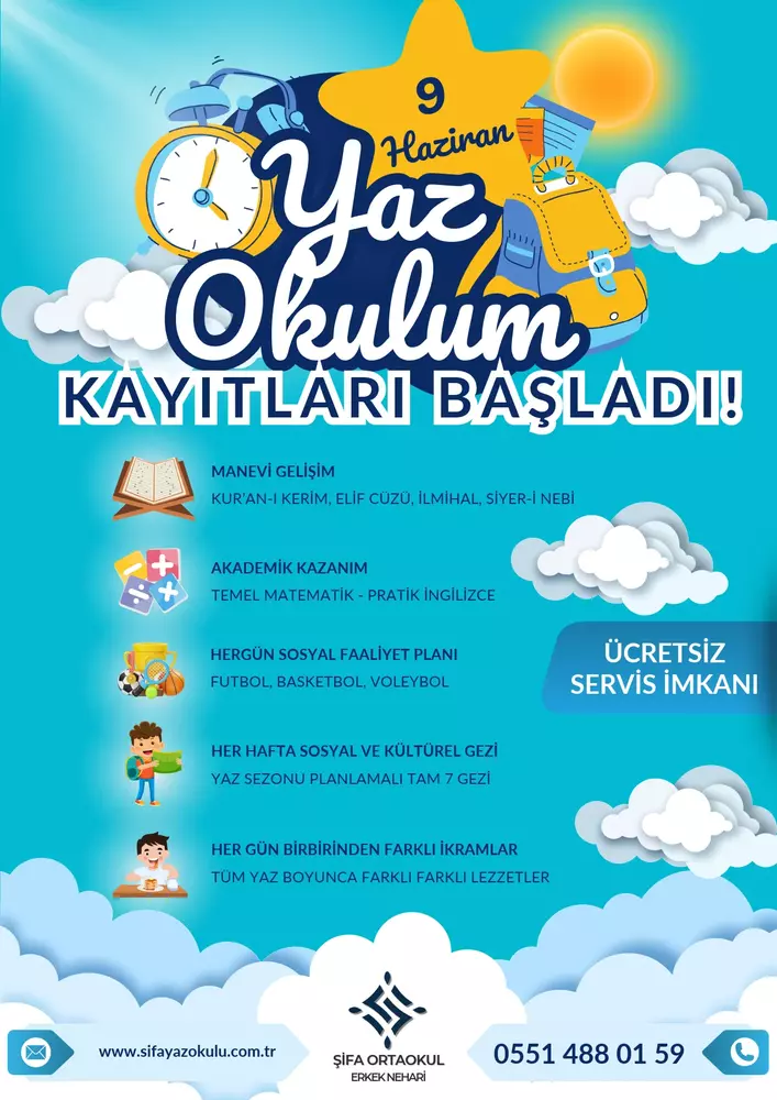 Şifa Yaz Okulum afişi: Manevi gelişim, Kur’an-ı kerim, elif cüzü, ilmihal, siyer-i nebi, Akademik kazanım, Temel matematik, pratik ingilizce